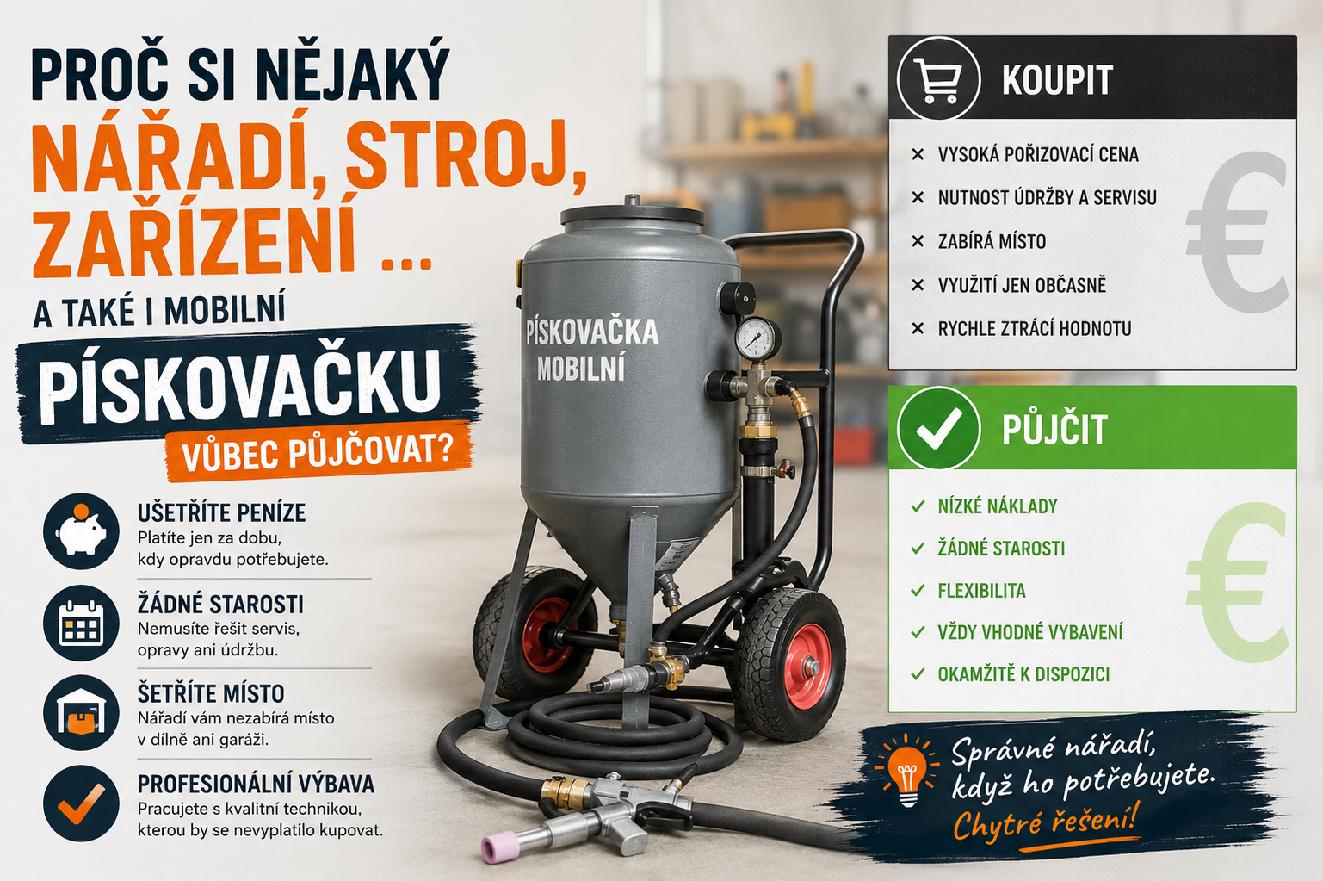 Nářadí a mobilní pískovačka připravené k zapůjčení.